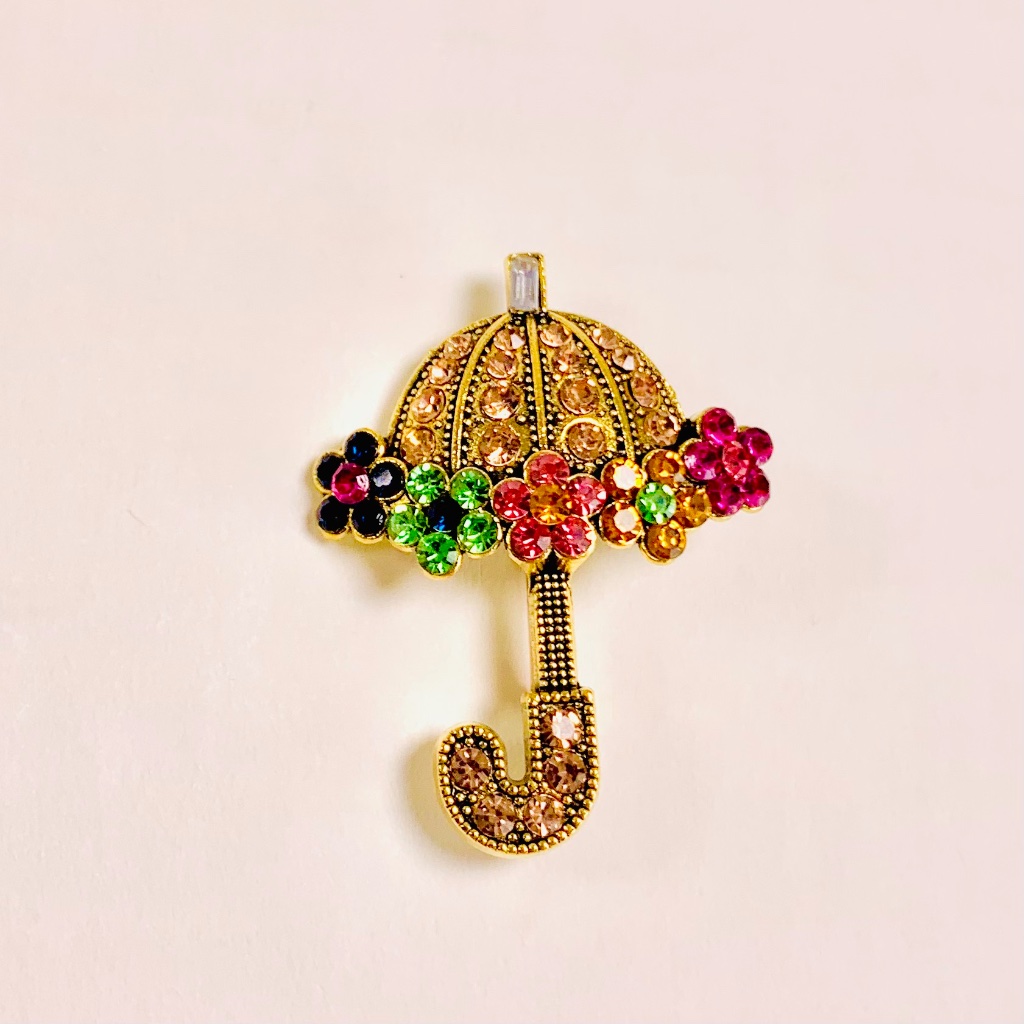 Whimsical Sparkly Floral Umbrella Brooch Glam Gold-Tone PinkGreen Rhinestones 14$